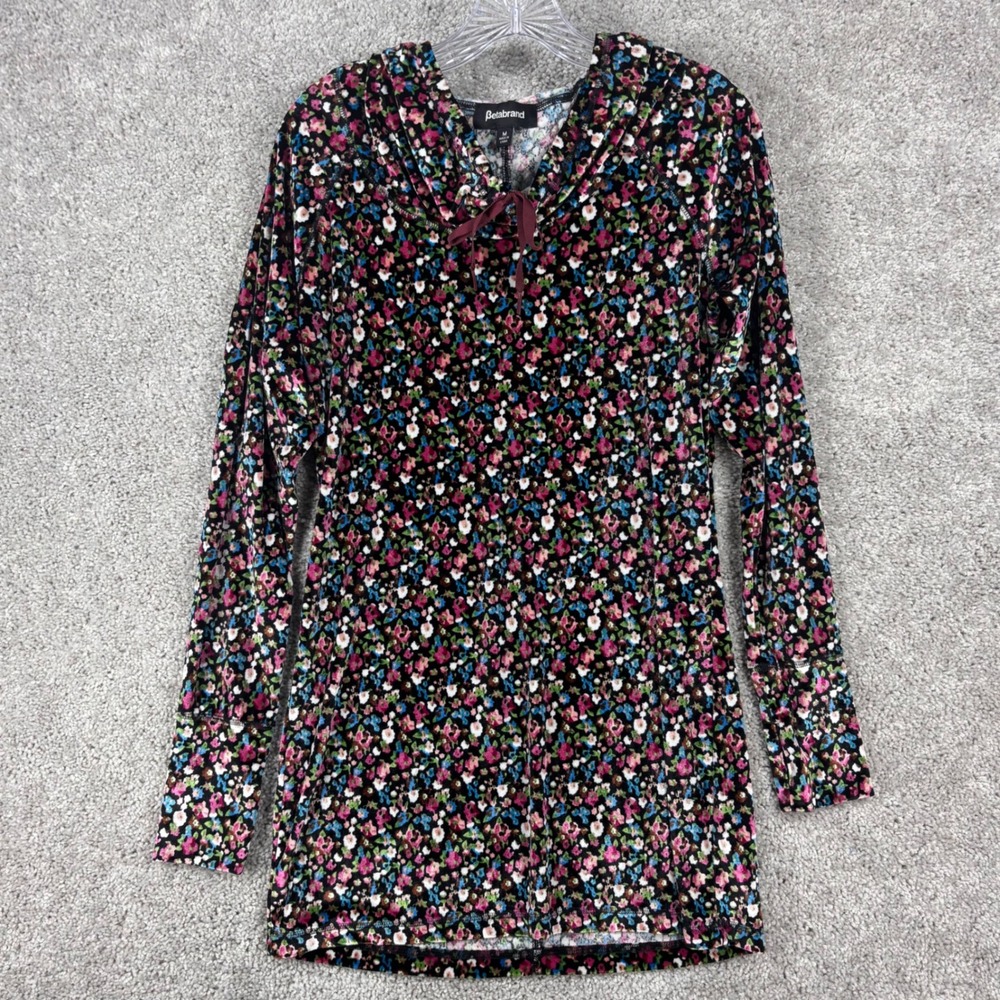 Betabrand Womens Floral Velvet Hooded Tunic Dress Black Pink Blue Size M W0213